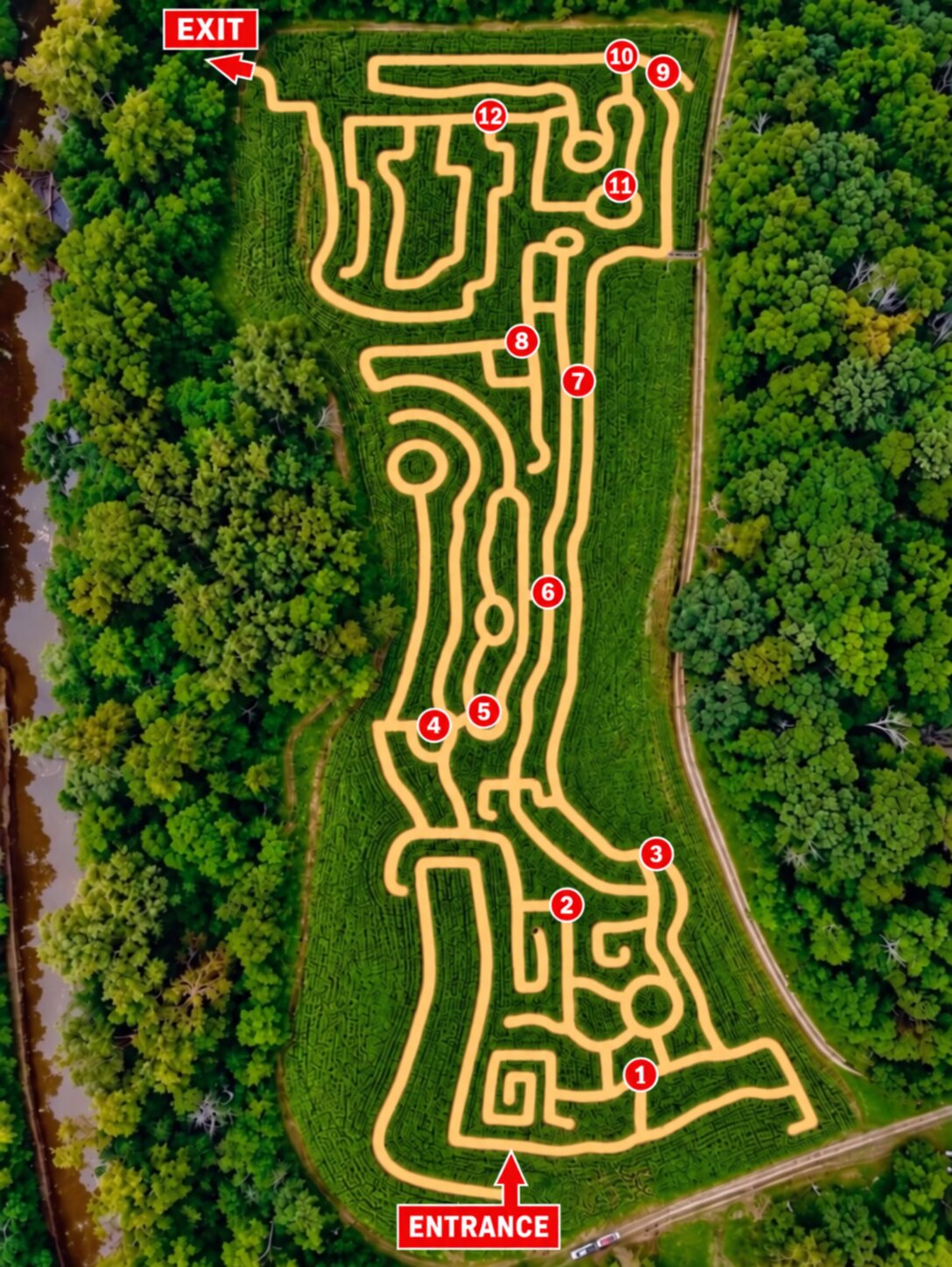 Aerial map of the Bakers Camp Ranch corn maze. The entrance is at the bottom and the exit is at the top. Numbered markers from 1 to 12 follow the path.